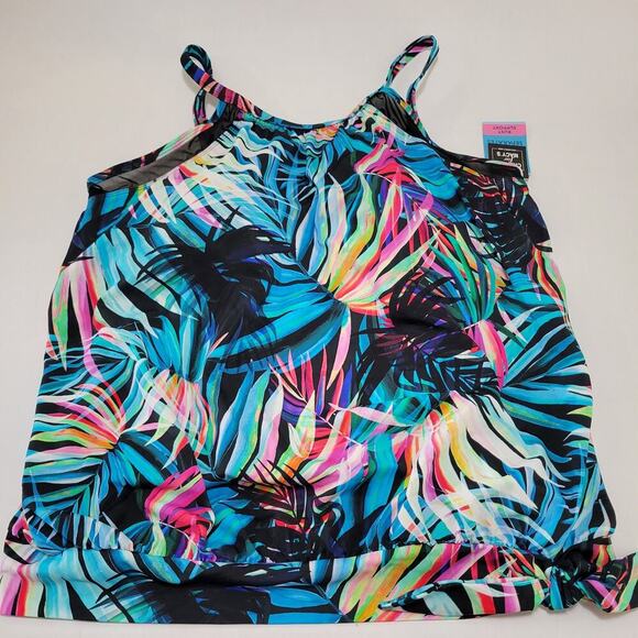 Swim Solutions Plus Size High Neck Tie-Waist Tankini Fiesta Fronds NWT US 20W - Picture 4 of 11